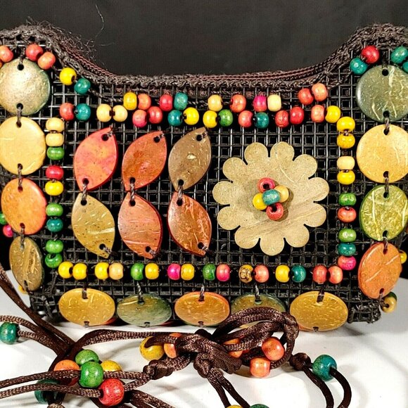 Crossbody Boho Style Small Purse Colorful Wood Beads - Picture 1 of 5